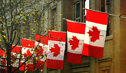 Multiple Canadian flags lining a stone building in Canada