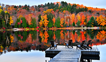 Bright orange and red fall foliage reflected in water and a dry dock