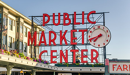 The famous Public Market Center sign in Seattle, Washington
